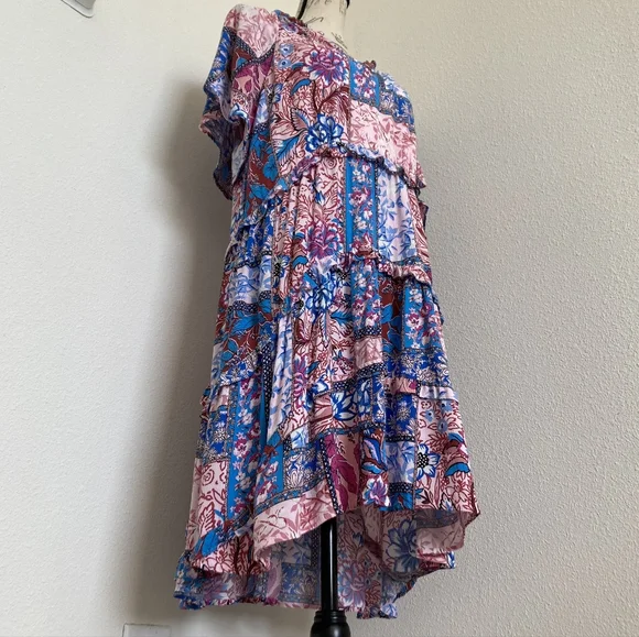 By Anthropologie Robin Tiered Mini Dress L Boho Floral Festival Flowy Patchwork - Picture 9 of 17